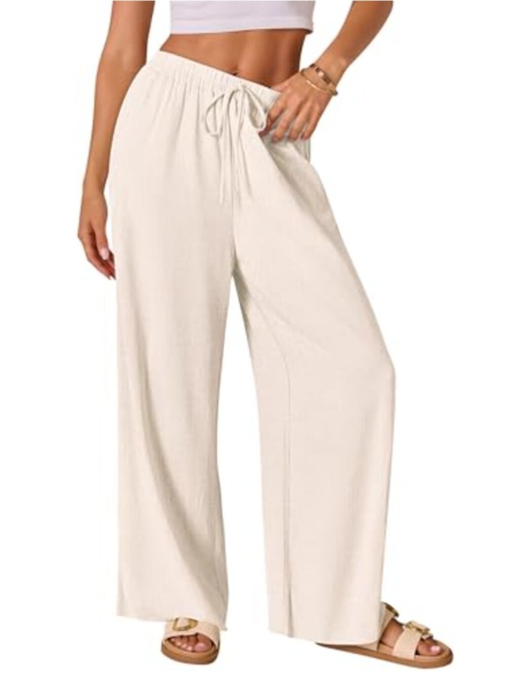AISEW Women's Cotton Linen Palazzo Pants Drawstring High Waist Wide Leg Lounge